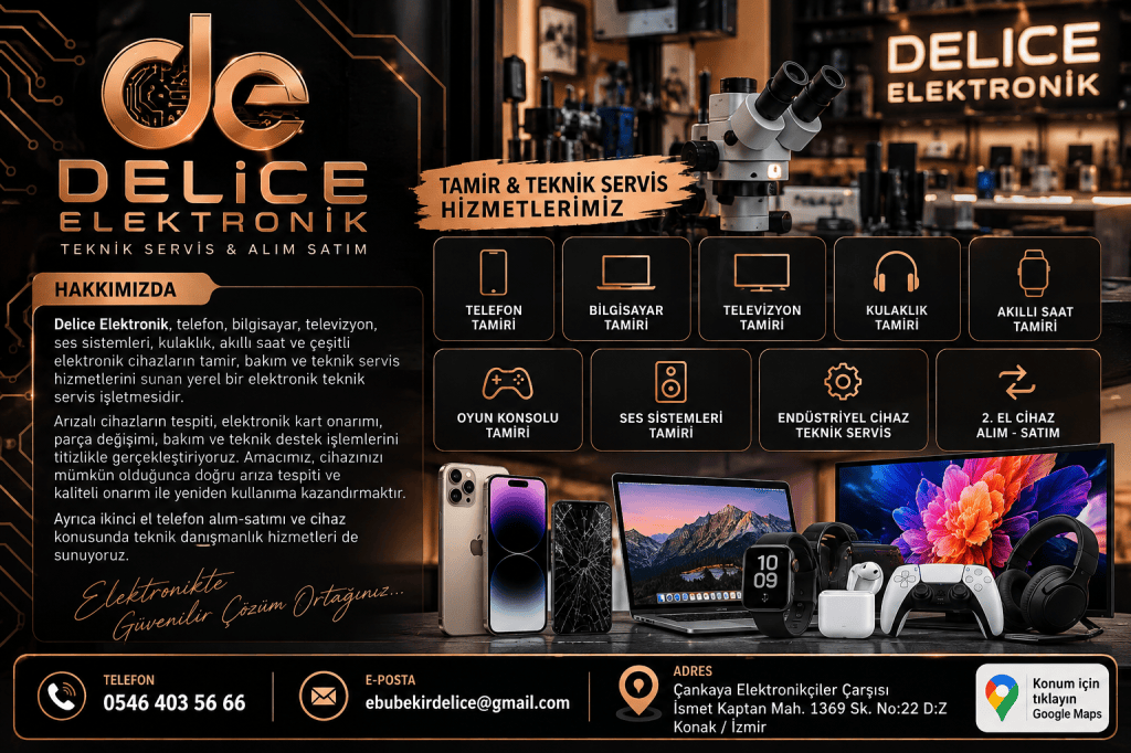 Delice Elektronik, telefon, bilgisayar, ses sistemleri, kulaklık, akıllı saat, televizyon ve çeşitli elektronik cihazların tamir, bakım ve teknik servis hizmetlerini sunan yerel bir elektronik teknik servis&nbsp;işletmesidir.